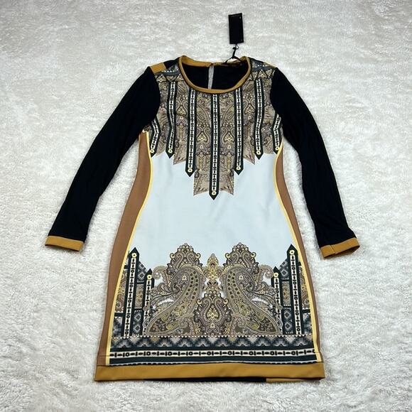 Bocetto long sleeved wiggle sheath dress in mustard, white and black, small - Picture 3 of 12